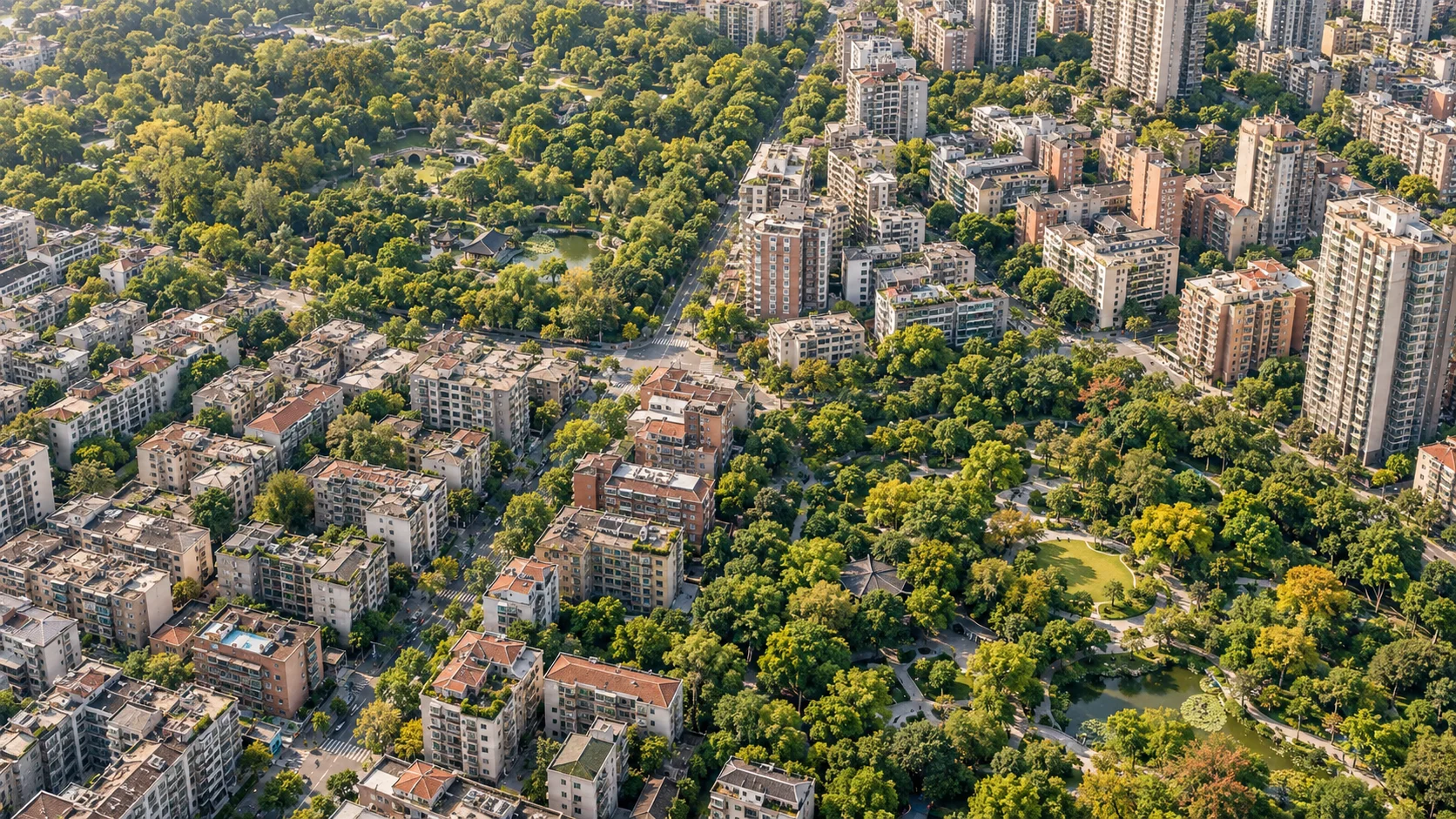 Illustrative aerial cityscape showing dense residential blocks beside abundant but unevenly distributed tree cover.